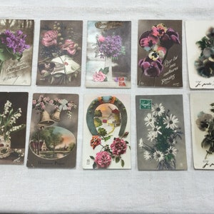 10 Old Postcards. New Year cards, Easter, flowers: lily of the valley, pansies, daisies. Antique French photograph postcards.1910s
