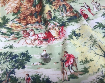 Tissu de Marignan, imprimée de scènes champêtres, paire de rideaux. Vintage French « Toile Marignan» fabric, romantic pastoral scenes, 50s