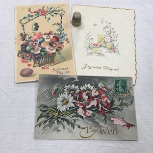 3 old postcards, Easter, April 1st. Early 20th century. Flowers, chicks, eggs. 3 antique French easter postcards.