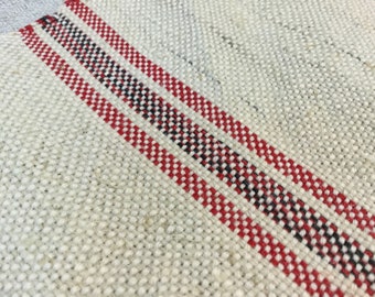 Torchon ancien en chanvre et coton, rayures tissées rouges et noires. Vintage Hemp Dish Towel, Rustic / Natural Dishcloth.