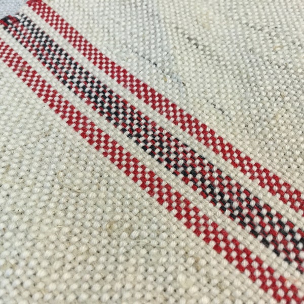 Torchon ancien en chanvre et coton, rayures tissées rouges et noires. Vintage Hemp Dish Towel, Rustic / Natural Dishcloth.