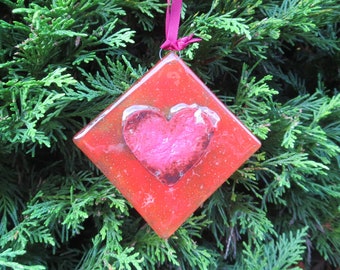 Heart Hanging, Glass Square, Red and Copper, Tree or Window Decoration - Valentine Glass Ornament