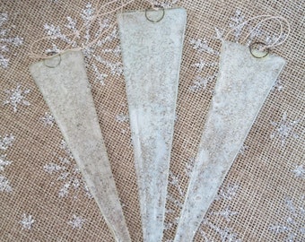 White Icicles Fused Glass Christmas Tree + Window Decoration - Home - Gift Tag - Xmas Glass Hanging Thanksgiving - Cold - Bubbles - Ice