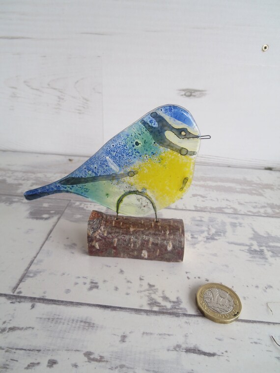 A Blue Tit Sitting On A Log Windowsill Decoration Fused Glass Etsy
