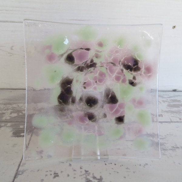 Delicate Mottled Dish, Fused Glass, Mauve Almond Green Black Square, Blobs, Puddle, Pour, Delicate Home Decor, Jewelry Trinket, Deco 30's