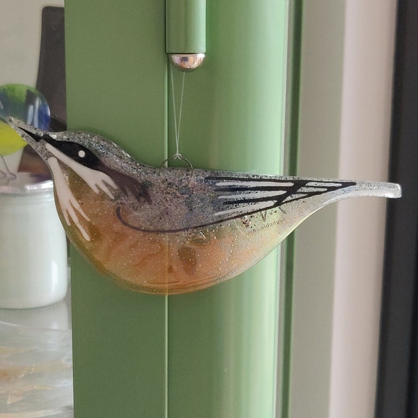 Nuthatch Garden Bird, Fused Glass Hanging, Sun Catcher, British Bird Lovers Gift