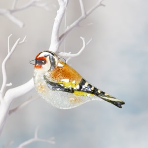 Goldfinch Garden Bird, Fused Glass Hanging, Sun Catcher, Ornament, British Bird Lovers Gift