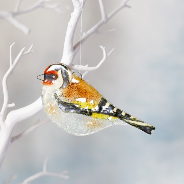 Oiseau de jardin chardonneret, suspension en verre fusionné, attrape-soleil, ornement, cadeau britannique pour les amateurs d'oiseaux