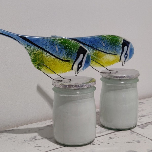 Blue Tit Sideview on Mini Cream Bottle, Windowsill Decoration Fused Glass Wild Bird Sculpture, Ideal Bird Lovers Gift British Garden Bird