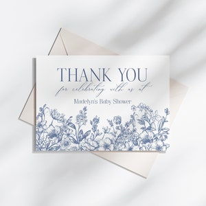 Blaue Chinoiserien Dankeskarte Druckbare Vorlage, Blaues Baby in Bloom Elegante Babyparty, etwas Blaues, bevor ich die Brautparty tue WS1030