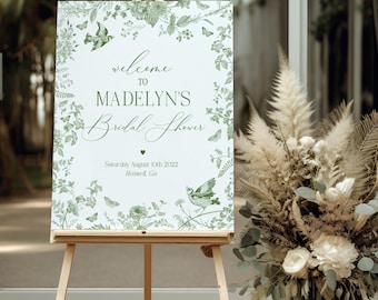 Green Toile De Jouy Bridal Shower Welcome Sign Template, Olive Chinoiserie French Theme Wedding Sage Wildflower Bridal Brunch WP1007