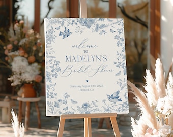 Blue Toile De Jouy Bridal Shower Welcome Sign Printable Template, Something Blue Before I Do Chinoiserie Wildflower Bridal Brunch wp1004