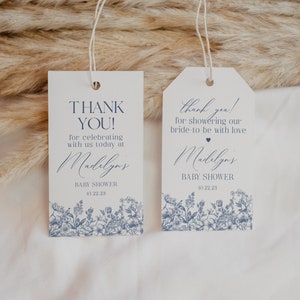 Blue Chinoiserie Baby Shower Favor Tags Printable Template, Blue Baby in Bloom Elegant Baby Shower for Spring, Toile Decor for French WP1030