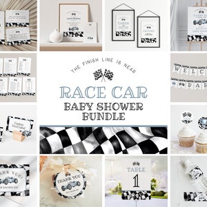 Modello di pacchetto per baby shower con auto da corsa blu, file digitali per baby shower per maschietto, decorazioni per feste con auto da corsa retrò vintage stampabili, gara su