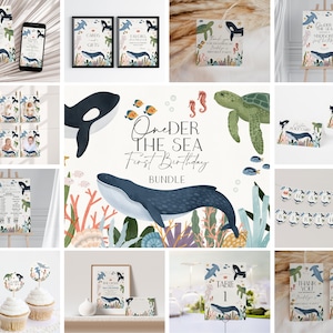 One-der The Sea First Birthday Bundle Template, Under the Sea 1st Birthday, Nautical Ocean Party Decor for Boy Sea Life Bday Party, WP3024