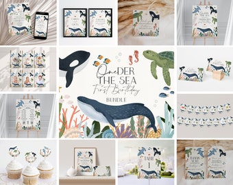 One-der The Sea First Birthday Bundle Template, Under the Sea 1st Birthday, Nautical Ocean Party Decor for Boy Sea Life Bday Party, WP3024