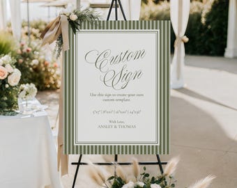 Modello di cartello personalizzato a righe Martini, addio al nubilato in stile Old Money, matrimonio verde oliva, cena di prova serale moderna e vintage WP1092