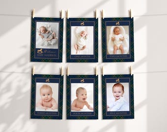 Classic Rocking Horse 1st Birthday Milestone Banner Template, Blue Tartan Plaid First Birthday Party, Old Money Timeless Bday Party WP1087
