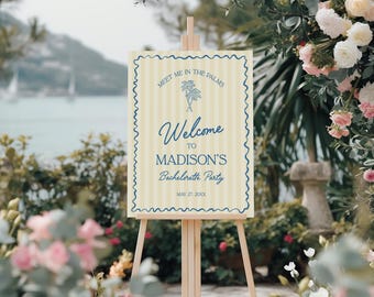 Yellow Palm Springs Bachelorette Party Welcome Template, Vintage Palm Tree Beach Cabana Pool Party, Tropical Pastel Last Fling Bach WP1049
