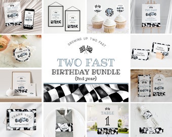Blue Race Car TWO Fast Birthday Bundle Template, instant download 2nd birthday bundle for boy, Editable Racing Retro Vintage Car, WP3006
