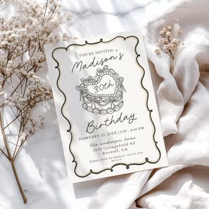 Beige Coquette Heart Cake Birthday Invitation Printable Template, Vintage French Theme, Black Bow Cake February Birthday Party Decor, WP1033