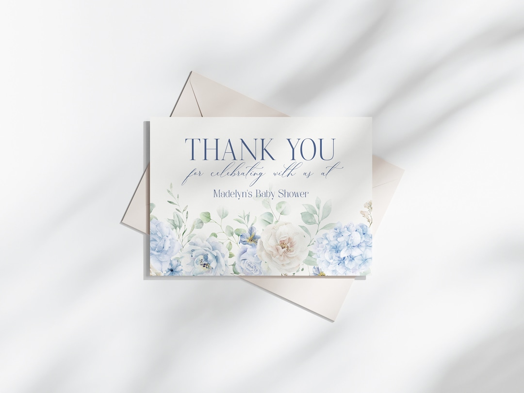 Blue Floral Thank You Card Printable Template, Blue Baby in Bloom Baby ...