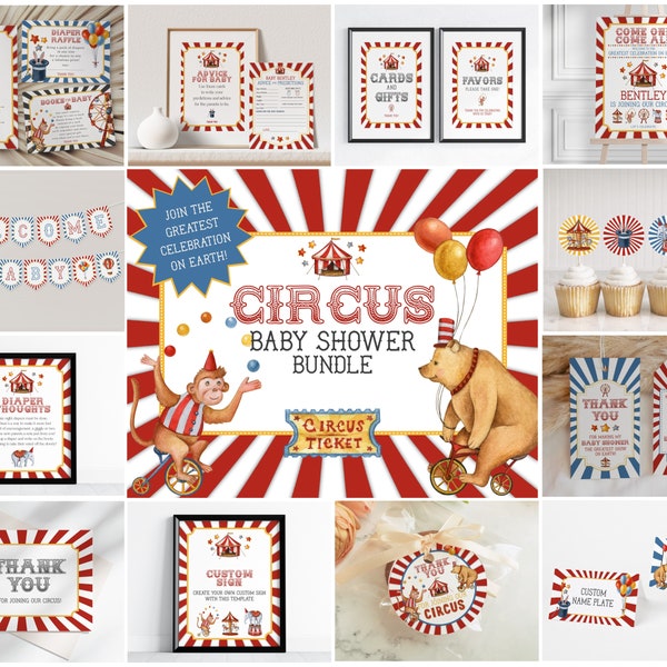 Circus Baby Shower Bundle Template, printable gender neutral carnival decorations with circus animals, instant download come one come all!