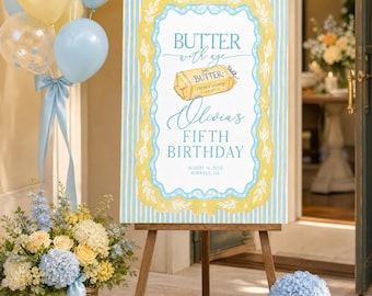 Watercolor Butter Birthday Welcome Sign, Pastel Blue Floral Welcome Sign, Butter With Age Whimsical Party Template Instant Download, WP2007