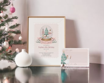 May include: A framed print and a card with a ballet theme. The print features a snow globe design with a ballerina, a Christmas tree, and the text "Sophia's 18th Birthday". The card has a matching design and space for a message.