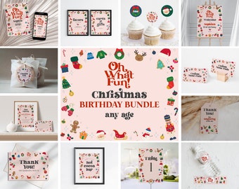 以下が含まれることがあります： クリスマスをテーマにした誕生日のパーティーデコレーションと文房具のコレクション。看板、カップケーキトッパー、ネームプレート、サンキュータグが含まれています。デザインは、お祝いのイラストとテキスト「Oh What Fun! Christmas Birthday Bundle」が特徴です。