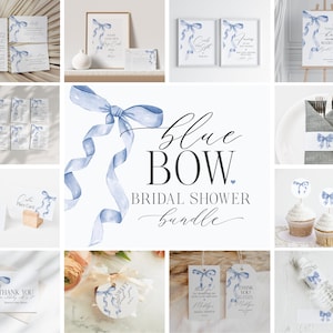 Plantilla imprimible de paquete de despedida de soltera con lazo azul, Something Blue Before I Do Fancy Coquette Bow Bridal Brunch, She&#39;s Tying the Knot WP1031