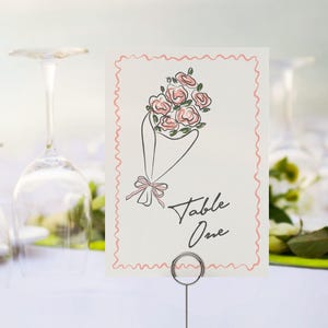 Modèle de cartes numéro de table de marché aux fleurs roses, brunch de mariée fraîchement sorti du marché avec la mariée, doodle floral coquette rose dessiné à la main WP1044