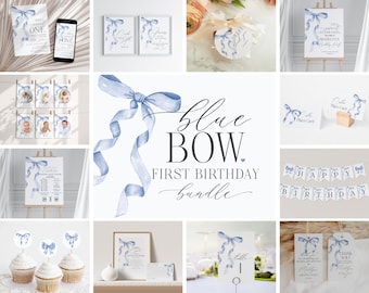 Blue Bow First Birthday Bundle Printable Template, Gender Neutral preppy coquette bow theme party for fancy southern girl grandmillenial bow