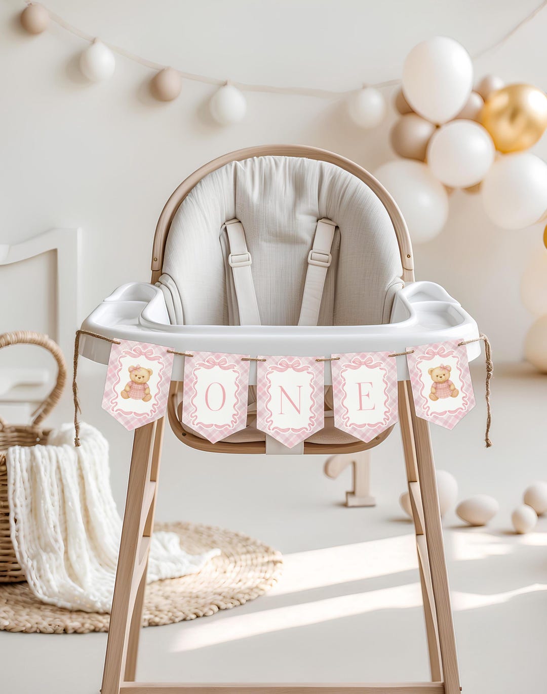 Pink Tartan Plaid Bear Highchair Banner Template, Beary First Birthday ...