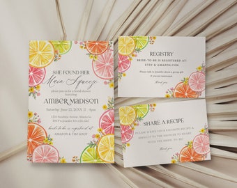 May include: A citrus-themed bridal shower invitation with a watercolor illustration of lemons, limes, and oranges. The invitation reads "She Found Her Main Squeeze" and includes the bride-to-be's name, the date and time of the shower, and the address. The invitation also includes information about the registry and a request for guests to share their favorite recipes.