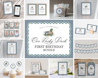 Mallard First Birthday Bundle Printable, Editable One Lucky Duck 1st Birthday Party Decor for Boy, Adventure Duck Hunting with Blue, WP3015