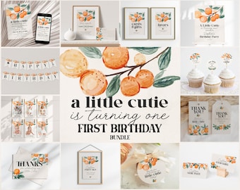 May include: A watercolor orange and green themed first birthday party printable bundle. The bundle includes invitations, thank you tags, food labels, a banner, cupcake toppers, and more. The text "a little cutie is turning one first birthday bundle" is featured on the main image.