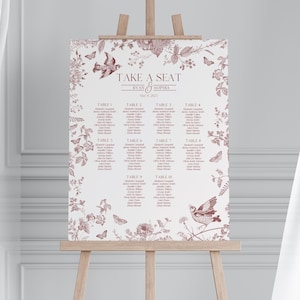 Herbst Toile Hochzeit Sitzplan Sitzplan Vorlage, Burgund Chinoiserie Brautparty für September Oktober Hochzeit Toile De Jouy WS1032