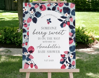 Mint Strawberry Baby Shower Welcome Sign Printable Template, Berry sweet baby shower for spring or summer, fresh fruit baby shower, WP3033