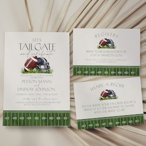 May include: A white invitation card with green and white football field graphics. The text on the card reads "Let's Tailgate and Celebrate" with a football and helmet graphic. The invitation is for a couples shower celebrating Peyton Mann and Lindsay Johnson. The date and time of the shower are Saturday, June 22nd at 2pm. The location is Chelsea Anderson, 1234 Touchdown Way, Atlanta, GA. The phone number is 404-123-4567.