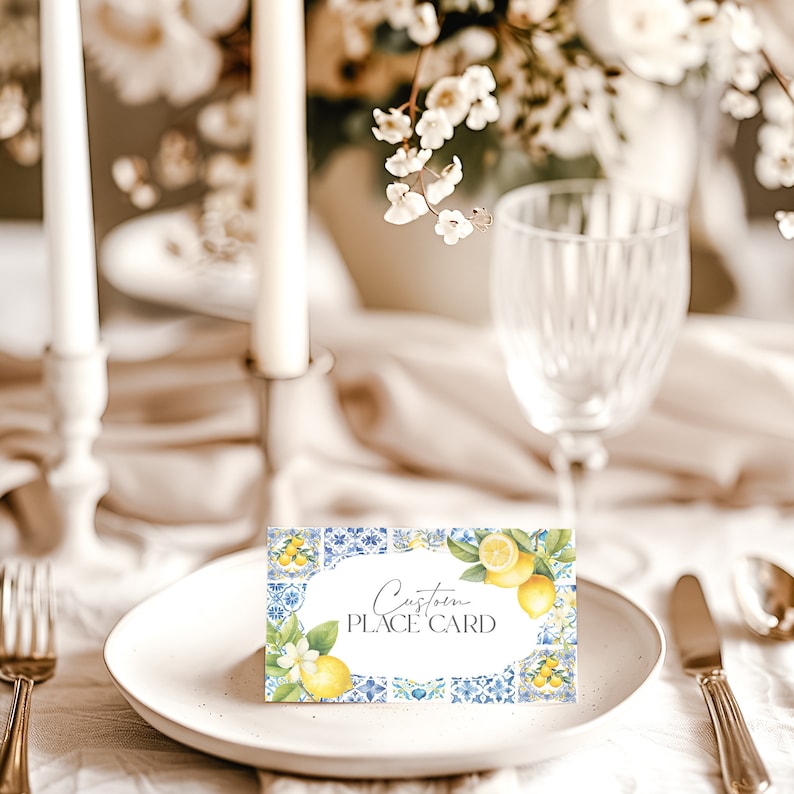 Plaatskaarten Amalfikust voor baby- of bruidsdouche of verjaardag afdrukbare sjabloon, citroen-citrus mediterraan douchedecor met blauw, WP3016 afbeelding 4