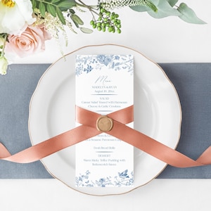 Modèle de Menu de mariage imprimable toile de jouy bleue, quelque chose de bleu avant que je fasse chinoiseries printemps fleurs sauvages brunch nuptiale wp1004