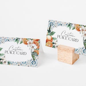 Tuscany Tile Place Cards for Baby or Bridal Shower or Birthday Printable Template, Citrus Mediterranean shower decor with spanish blue tiles