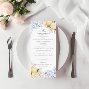 Niebieski Chinoiserie Tea Wydrukuj Menu Ślubne Szablon, Cytrynowy Wysoki Herbatka Przyjęcie Druhny Bridal Tea, Willow Toile Angielski Garden Party WP1001
