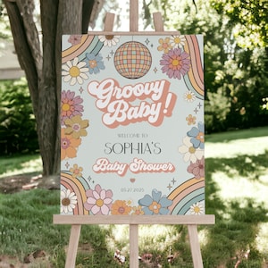 Groovy Floral Baby Shower Willkommensschild Vorlage, retro groovy 70er Jahre Babyparty druckbares Baby in Blüte Boho Daisy Party Dekor Vorlage Mädchen