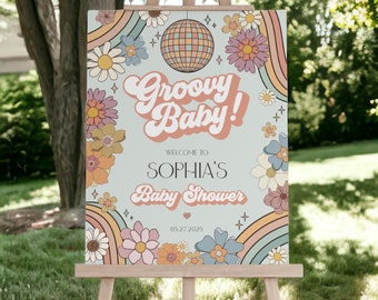 Groovy Floral Baby Shower Welcome Sign Template, retro groovy 70s baby shower printable baby in bloom boho daisy party decor, WP3034