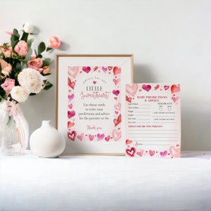 Ein kleiner süßer Rat für Babykarten, sofortiger Download Februar-Babyparty für Mädchen, kleine Valentinsvorhersagekarte Herzthema