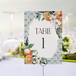 Toscaanse tegeltafel aantal kaarten afdrukbare sjabloon, oranje citrus mediterrane bruiloft met Spaanse tegels, Italiaans positano-strandthema