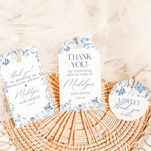Blue Toile De Jouy Baby Shower Favor Tags Printable Template, Baby in Bloom Wildflower Chinoiserie Baby Brunch Butterflies and Birds WP1004