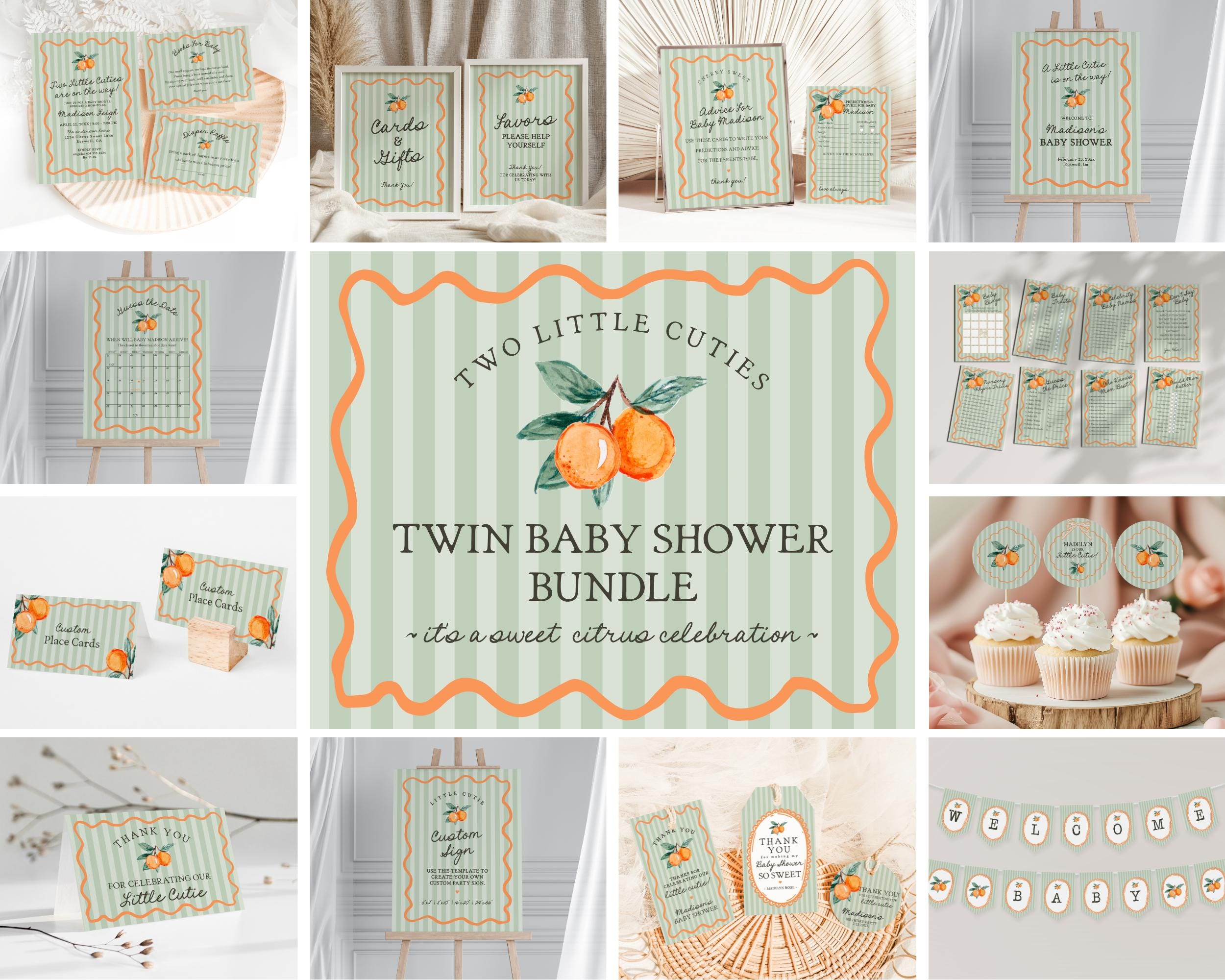 25 Einladungen Für Babyparty – Two Little Cuties, Geschlechtsneutral – Bedruckbar, Blumen-Design